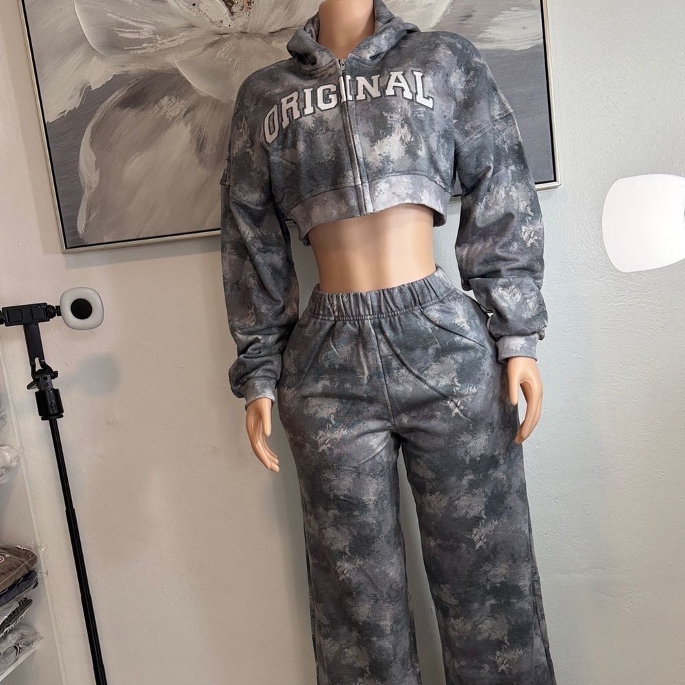 Fashion Nova Gray Tie-Dye Track Set
